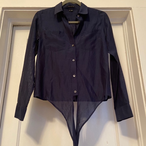 THEORY Navy Button Down Tie Front size Small - Picture 4 of 16